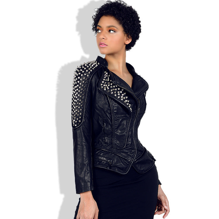 Leather Biker Coat Gothic Leather Jacket Women Pu Jackets Rivet Slim Lapel Leather Coat