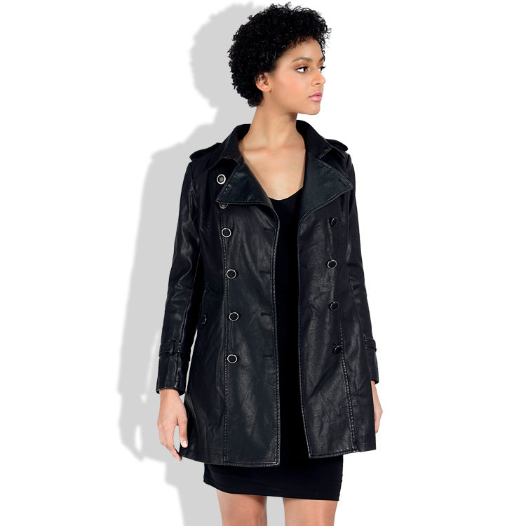 Leather Biker Coat Gothic Leather Jacket Women Pu Jackets Mid-Length Double Breasted Slim Fit Waist Trimming Coat