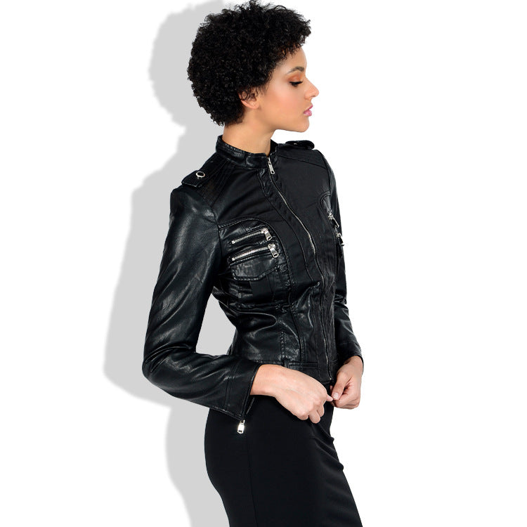 Leather Biker Coat God Leather Jacket Women Pu Jackets Coat Fashion Stand-up Collar Cinched Black Motorcycle Jacket