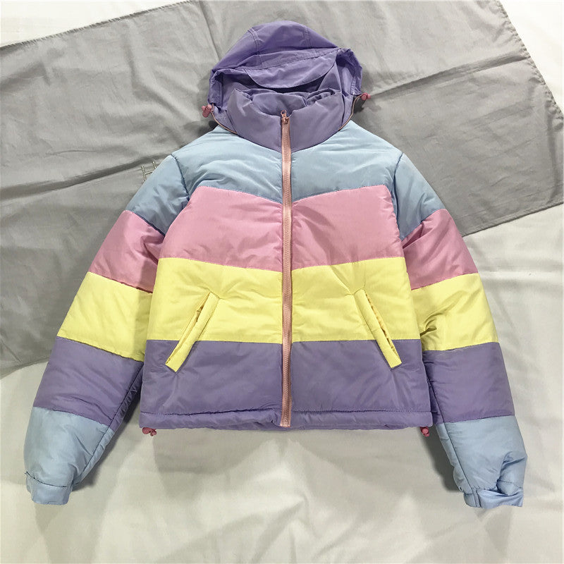 Baggy Jacket Rainbow Color-Blocking Hooded