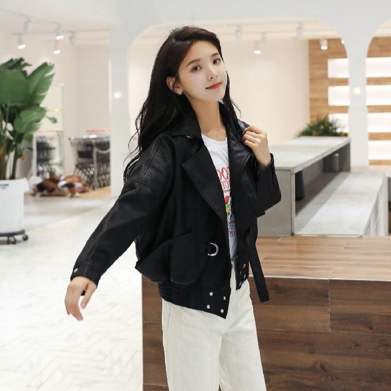 Cute Leather Jacket Chic Women's Short Autumn Versatile Beige BF Loose Biker's Leather Jacket Coat