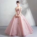 Women'S Evening Dress Ball Gown Princess Quinceanera Wedding Dresses Pink Off-Shoulder Bridal Wedding Toast Dress