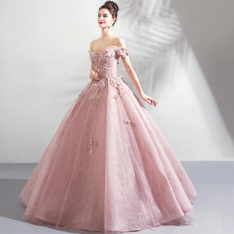 Women'S Evening Dress Ball Gown Princess Quinceanera Wedding Dresses Pink Off-Shoulder Bridal Wedding Toast Dress