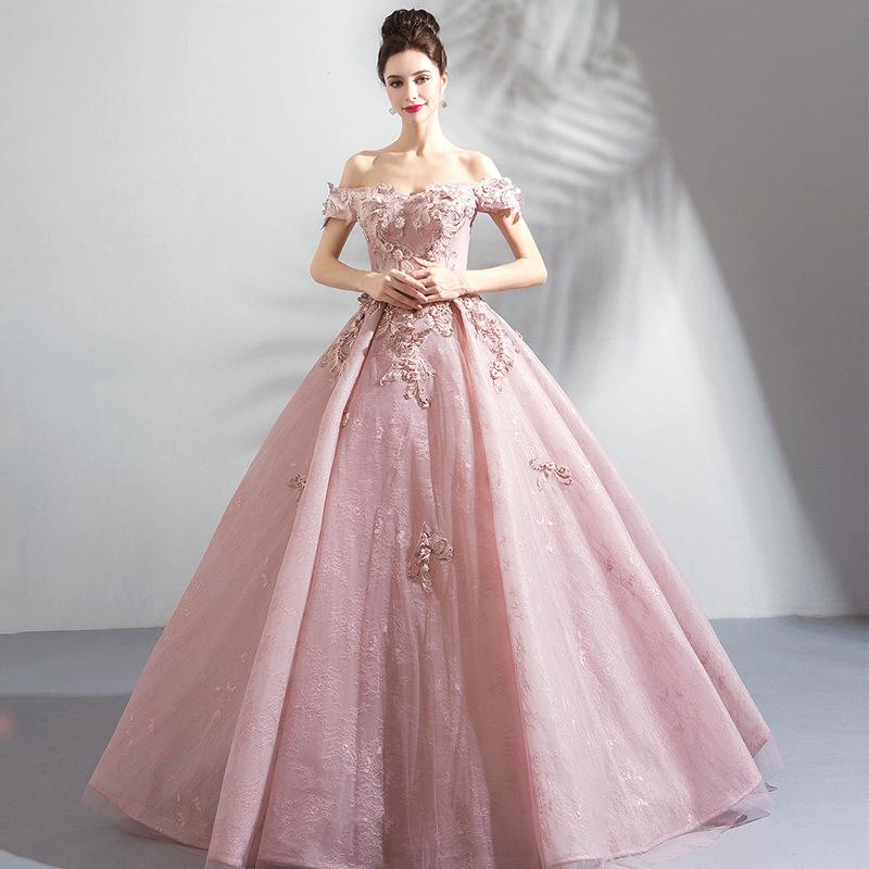 Women'S Evening Dress Ball Gown Princess Quinceanera Wedding Dresses Pink Off-Shoulder Bridal Wedding Toast Dress