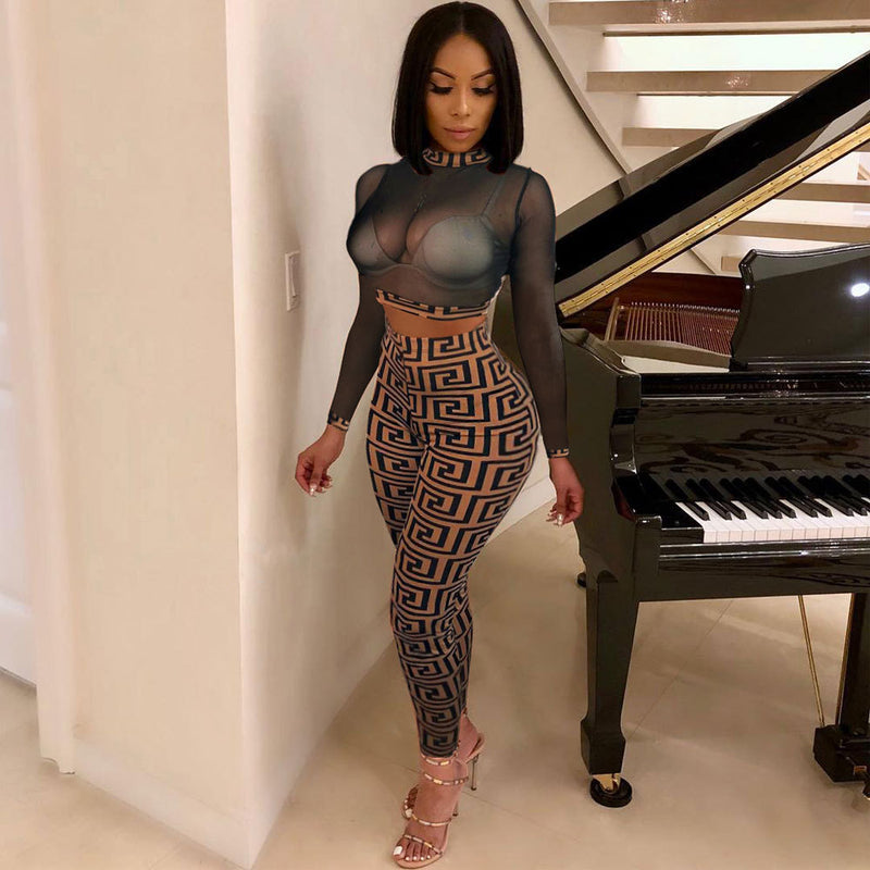 See through Pants Suit Women's Autumn and Winter Clothing Sexy Mesh Pencil Pants Nightclub