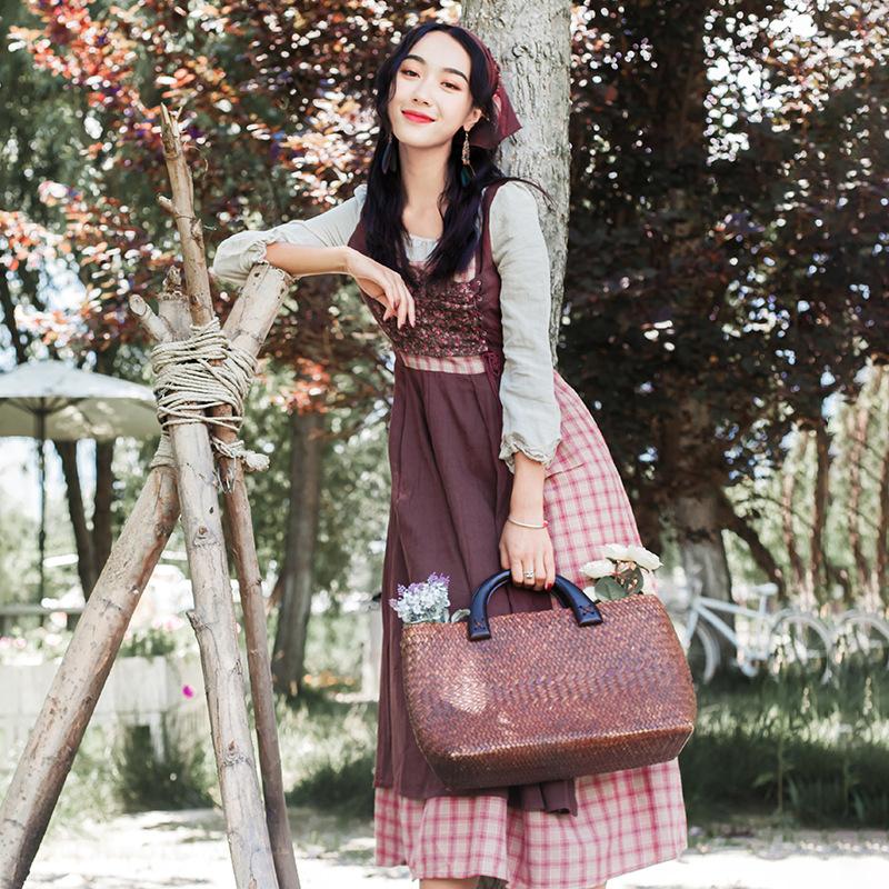 Cotton and Linen Retro Idyllic Plaid Long-Sleeved cottagecore aesthetic dress