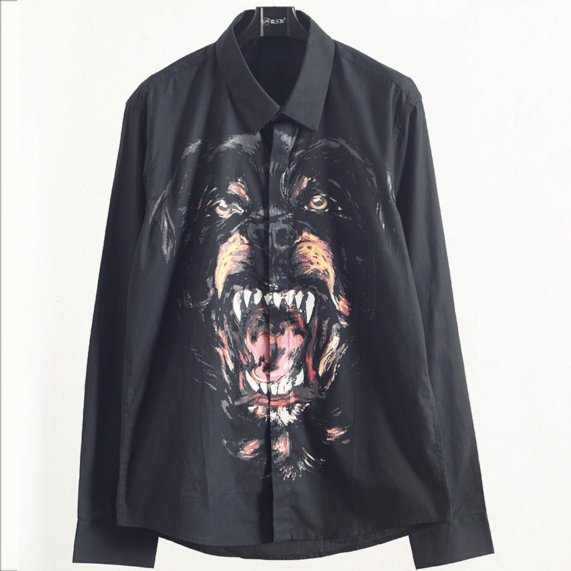 GVC Shirt Fashion Personality Bulldog Pattern Cotton Long Sleeve Shirt Men
