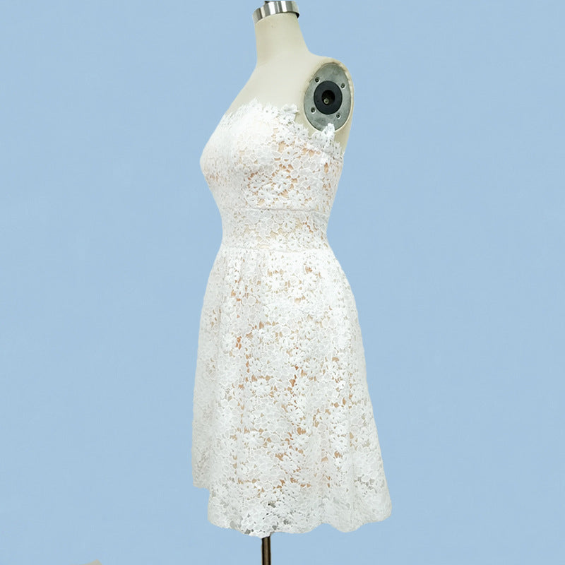 Formal Dresses & Gowns Women's White Floral Wrapped Chest Bridesmaid Puffy Mid-Length Dress Evening Gown