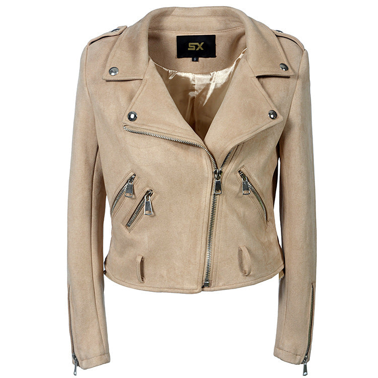 Leather Biker Coat Golden Leather Jacket Women Pu Jackets Lapel Zipper Leather Coat