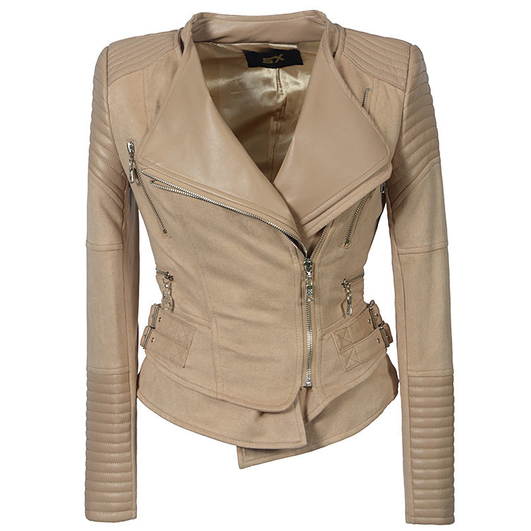 Leather Biker Coat God Leather Jacket Women Pu Jackets Lapel Zip Jacket Slim-Fit Leather Coat