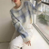 Preppy Aesthetic Sweater Women's Autumn Plaid Crew Neck Long Sleeve Pullover Sweater Women