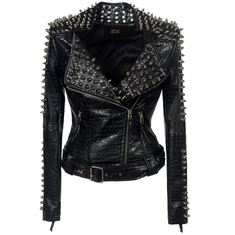 Leather Biker Coat God Leather Jacket Women Pu Jackets plus Size Rivet Stitching Long Sleeve Punk Rock Jacket