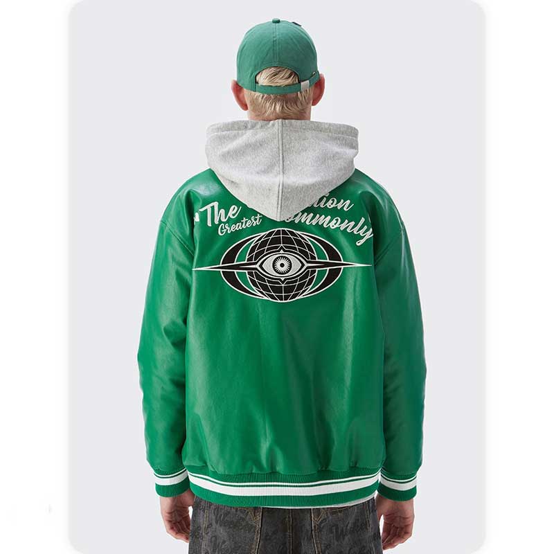 Green Varsity Jacket Autumn Winter Retro Street Embroidered Baseball Uniform Leather Jacket Coat Male