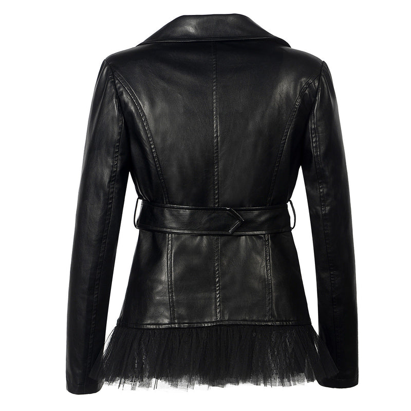 Leather Biker Coat Golden Leather Jacket Women Pu Jackets Lapel Zipper Leather Coat Slim Fit Patchwork Coat