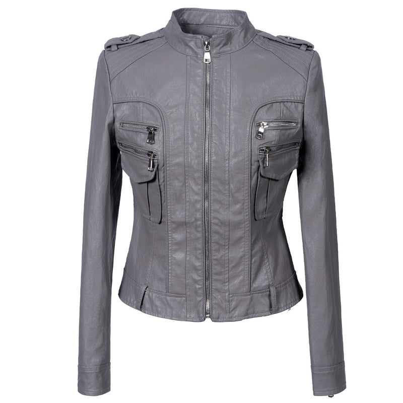 Leather Biker Coat Golden Leather Jacket Women Pu Jackets Motorcycle Short Slim Jacket