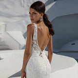 Women Lace Wedding Dress Long Dress Deep V Sexy Evening Gown