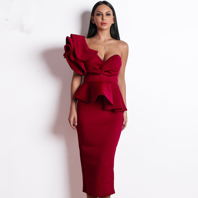 Burgundy Dresses For Wedding Sexy Off-Shoulder Ruffled Backless Party Dinner Dress
