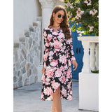 Nina Parker Graffiti Dress Fashion Floral Print Slit Long Sleeve Dress