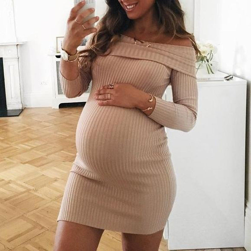 Maternity Clothes Dress Solid Color off-Shoulder Dress