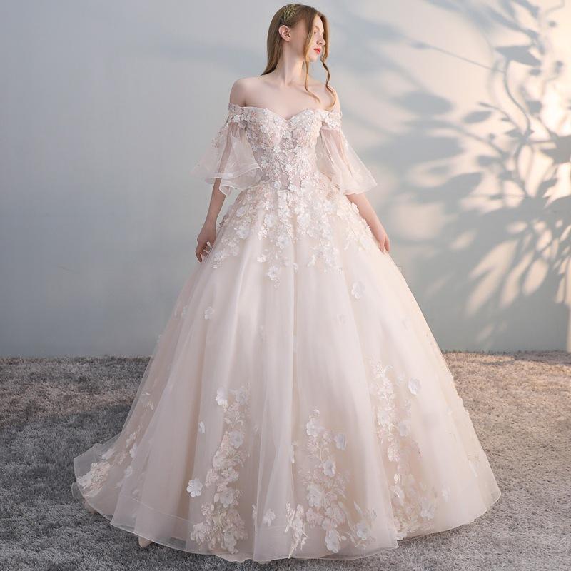 Women'S Evening Dress Ball Gown Princess Quinceanera Wedding Dresses Off-Shoulder Flare Sleeve Floor-Length Wedding Dress Slimming Tulle Tutu Dress