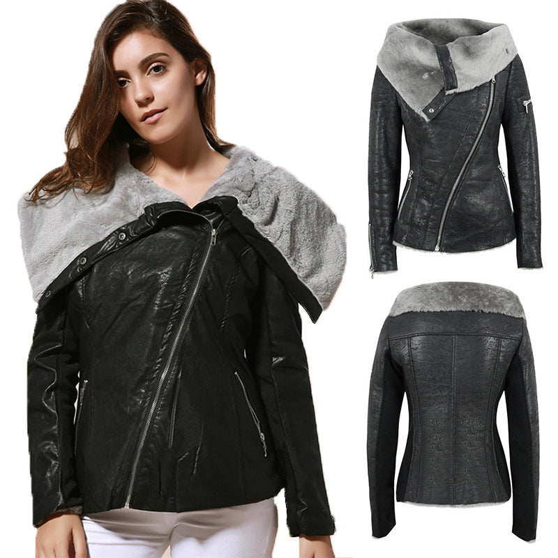 Cute Leather Jacket Fleece-Lined Suede Asymmetric Zipper Short Pu Motorcycle Jacket