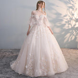 Women'S Evening Dress Ball Gown Princess Quinceanera Wedding Dresses Off-Shoulder Flare Sleeve Floor-Length Wedding Dress Slimming Tulle Tutu Dress
