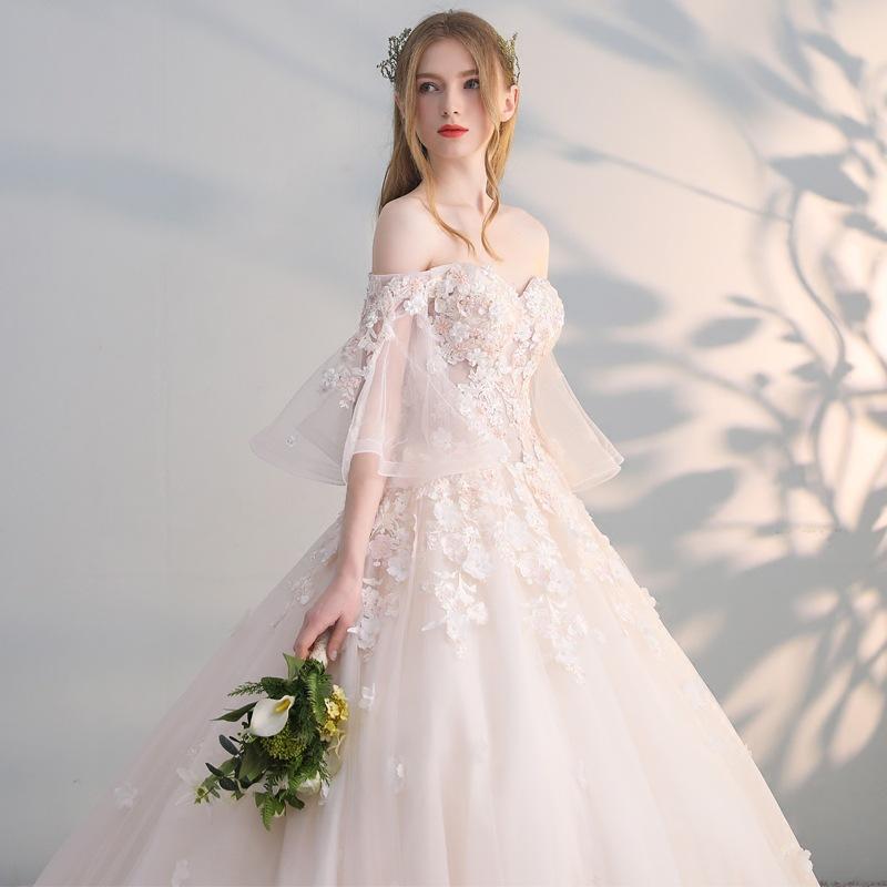 Women'S Evening Dress Ball Gown Princess Quinceanera Wedding Dresses Off-Shoulder Flare Sleeve Floor-Length Wedding Dress Slimming Tulle Tutu Dress