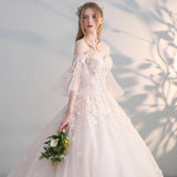 Women'S Evening Dress Ball Gown Princess Quinceanera Wedding Dresses Off-Shoulder Flare Sleeve Floor-Length Wedding Dress Slimming Tulle Tutu Dress