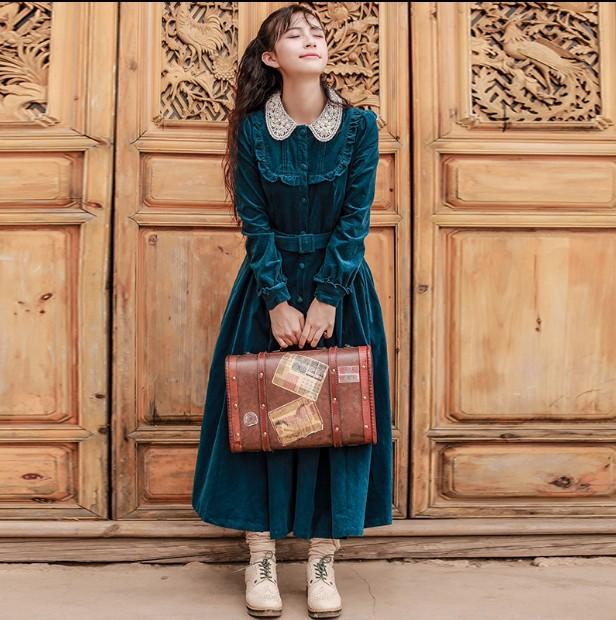 Spring and Autumn Long-Sleeved Vintage Dress Large Swing Dress Green Retro Vintage Cottagecore Aesthetic Flowy Victoria Cottage Core Dress