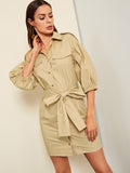 Safari Dress Midi Shirt Single-Breasted Solid Color Corset Dress