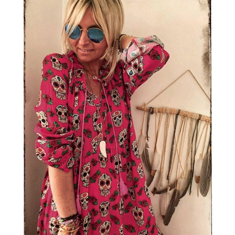 Skull Dress Skull Print Long Sleeve Big Hem Dress