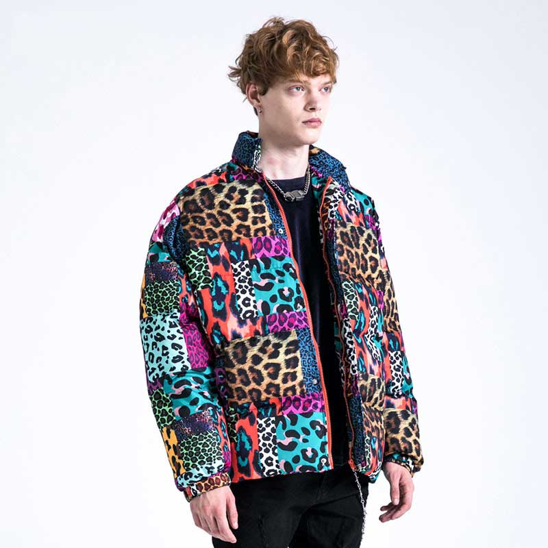 Mens Fall Outfits Cotton-Padded Coat Winter Leopard Print Color Matching Couple Bread Coat Cotton-Padded Casual Coat