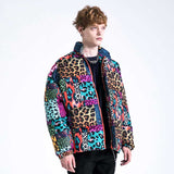 Mens Fall Outfits Cotton-Padded Coat Winter Leopard Print Color Matching Couple Bread Coat Cotton-Padded Casual Coat