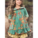 Children Girl Summer Dress Vintage Printing Lapel Dress Half Sleeve