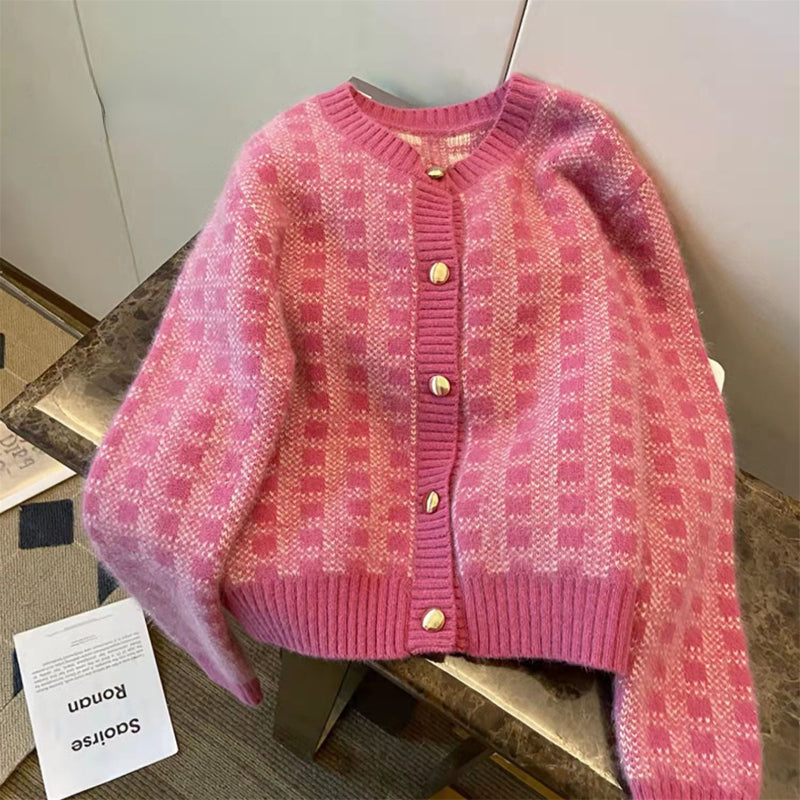 Preppy aesthetic sweater Plaid knitted cardigan women's spring coat