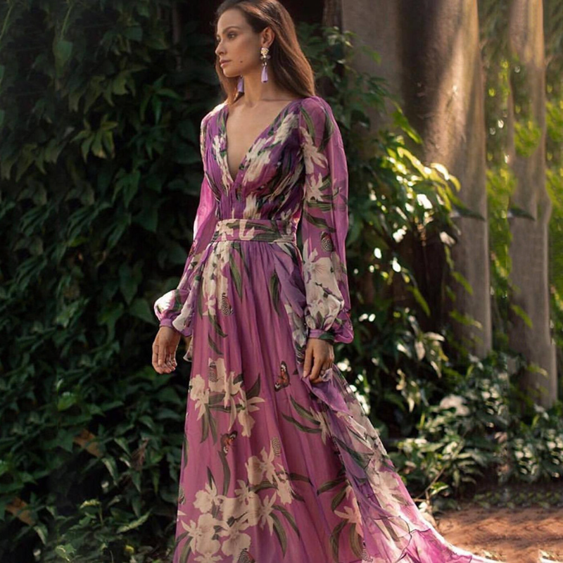 Lady Gaga Dress Long Sleeve Peony Pattern Dress