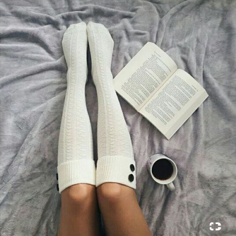 Winter Chunky Cable Thick Knit Thigh High Socks Long Stockings Boot Curling Button Mid-Calf over the Knee Bunching Socks