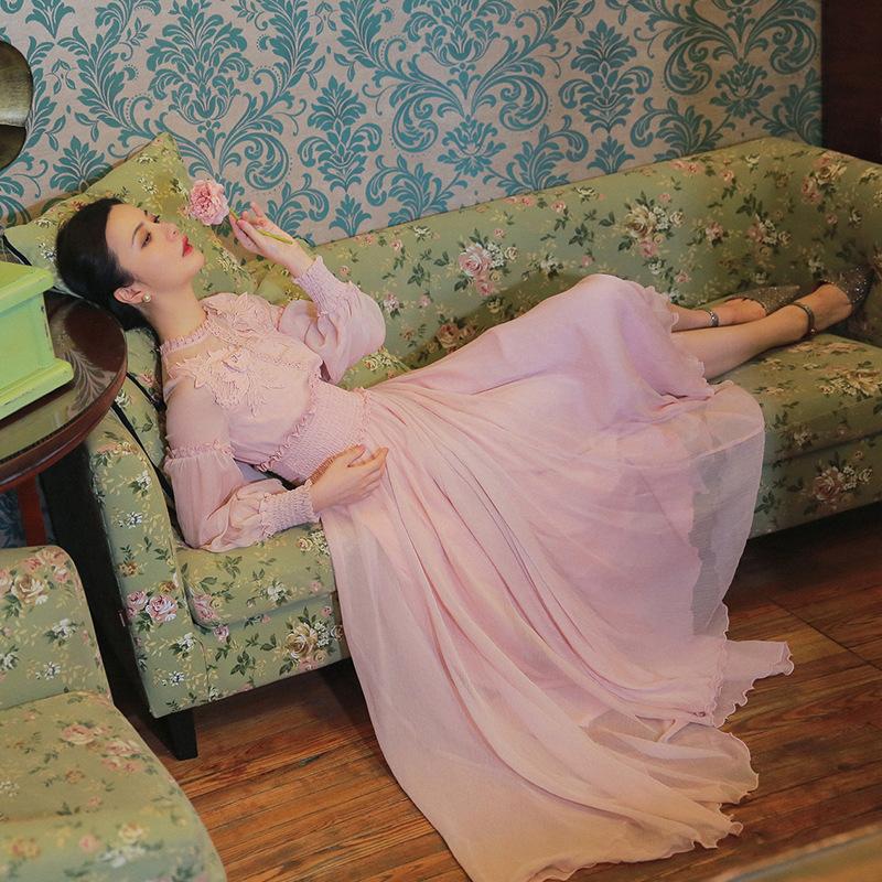 Autumn Retro Long Sleeve Waist Dress Chiffon Dress Bohemia Retro Vintage Cottagecore Aesthetic Flowy Victoria Cottage Core Boho Dress