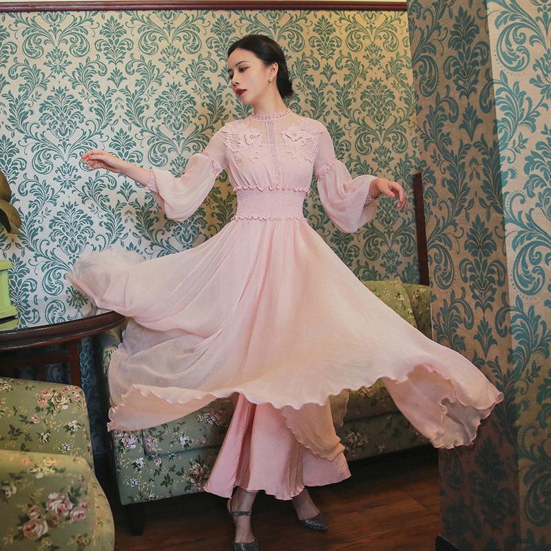 Autumn Retro Long Sleeve Waist Dress Chiffon Dress Bohemia Retro Vintage Cottagecore Aesthetic Flowy Victoria Cottage Core Boho Dress