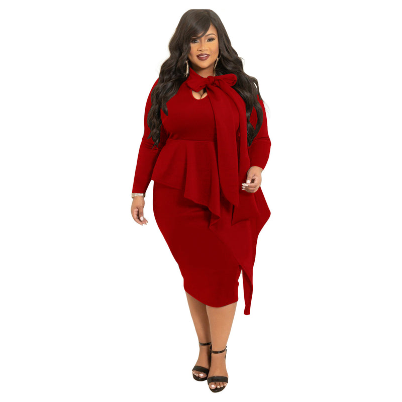 Nina Parker plus Size Dresses plus Size Dress Fashion Bowknot Long Sleeve Dress