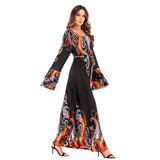 Muslim Women Stylish Kashibo Abaya Muslim Ladies Long Gown Islamic Clothing Jilbab Jalabiya Printed Round Neck Bead Dress