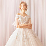 Women'S Evening Dress Ball Gown Princess Quinceanera Wedding Dresses Off-Shoulder Flare Sleeve White Floor-Length Bridal Wedding Dress