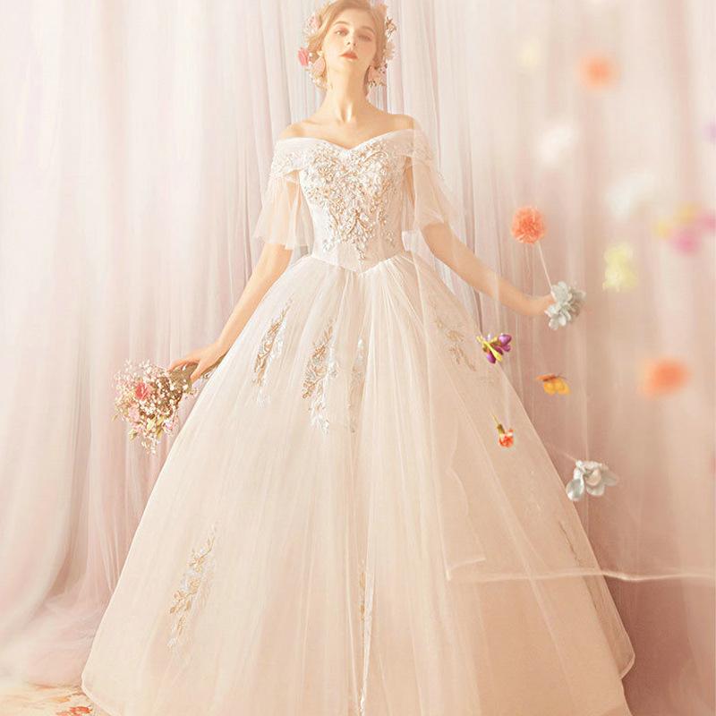 Women'S Evening Dress Ball Gown Princess Quinceanera Wedding Dresses Off-Shoulder Flare Sleeve White Floor-Length Bridal Wedding Dress