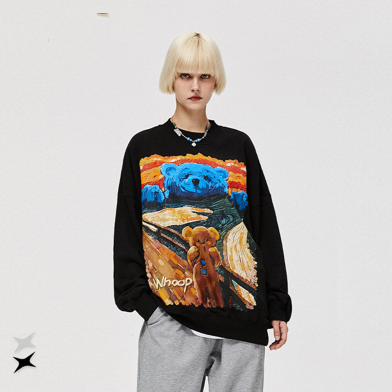 Preppy Aesthetic Sweatshirt Men's Oil Painting Cartoon Bear Hoodie Men's Autumn