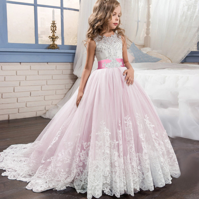 First Communion Dress Vestidos De Primera Comunion Lace Ball Gown Girl Party Princess Pageant Gown Wedding Dress with Bow for Girls