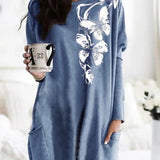 Skull Dress Casual round Neck T-shirt Printed Long Sleeve Pocket Loose Dress