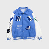 Blue Varsity Jacket Autumn Green Letters Skull Flocking Baseball Uniform Jacket Lapel Men's and Women's Coats