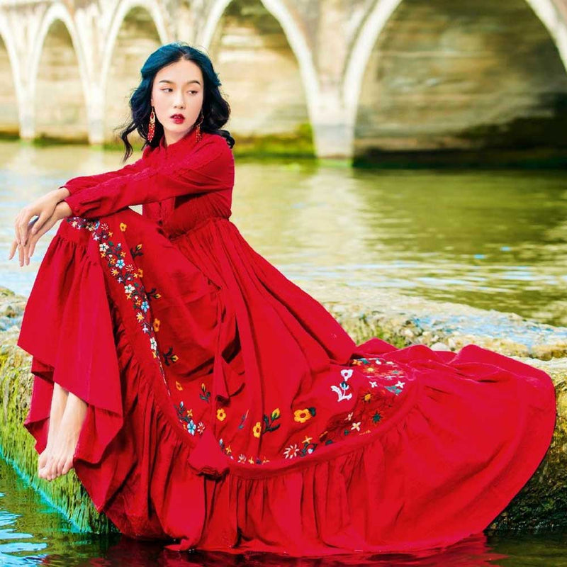 Retro Long-Sleeved Red Slim-Fit Embroidered  Bohemia Retro Vintage Cottagecore Aesthetic Flowy Victoria Cottage Core Boho Dress