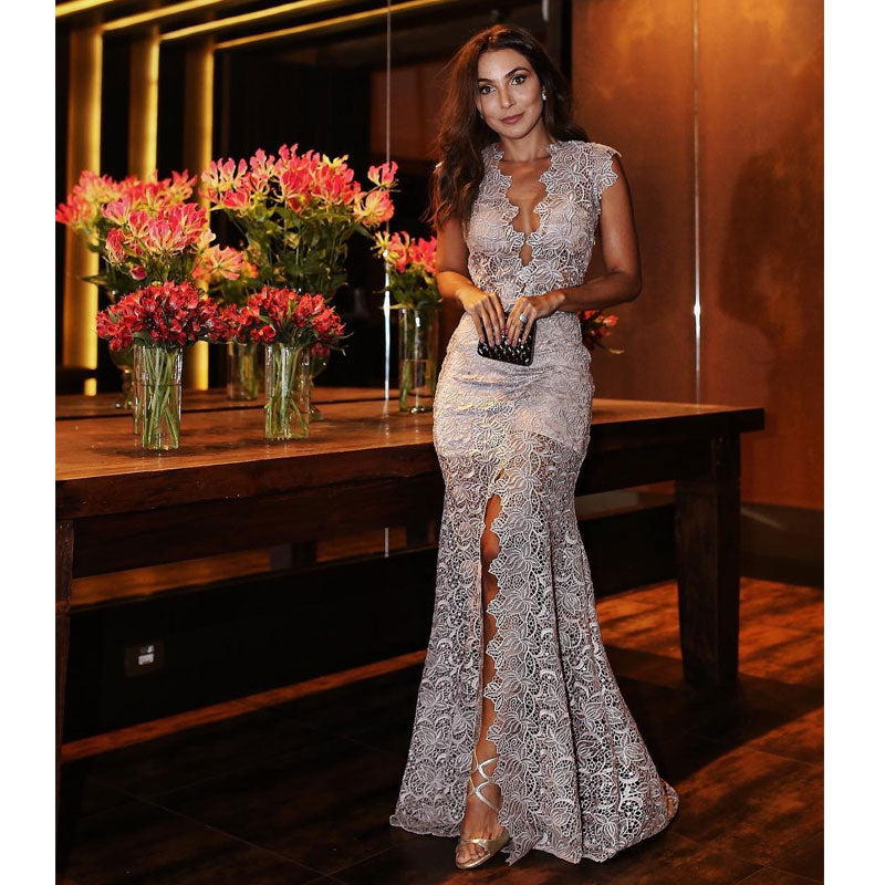 Bohemian Coachella Outfits Sexy Deep V Slim Dress Lace Long Dress