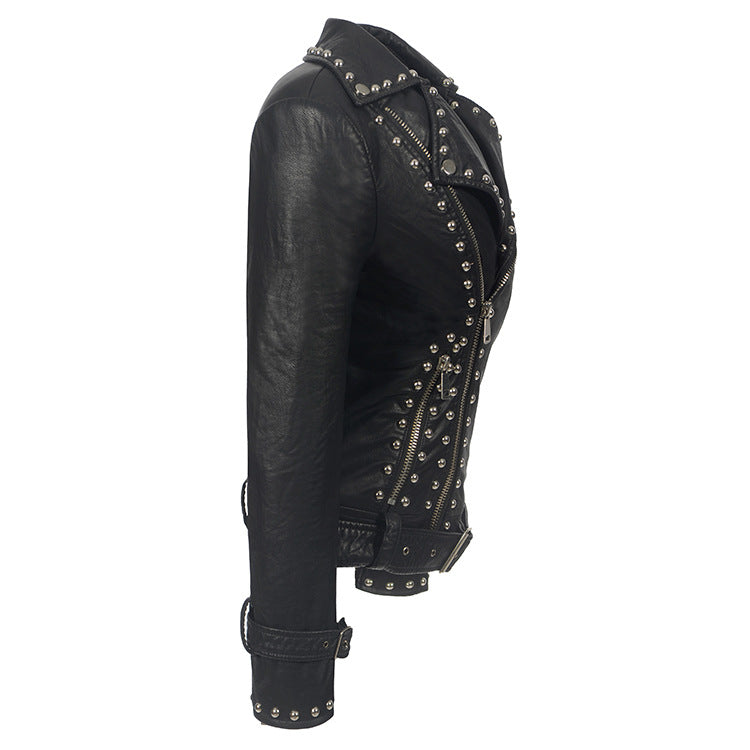 Leather Biker Coat Golden Leather Jacket Women Pu Jackets Lapel Zipper Punk Rivet plus Size Coat
